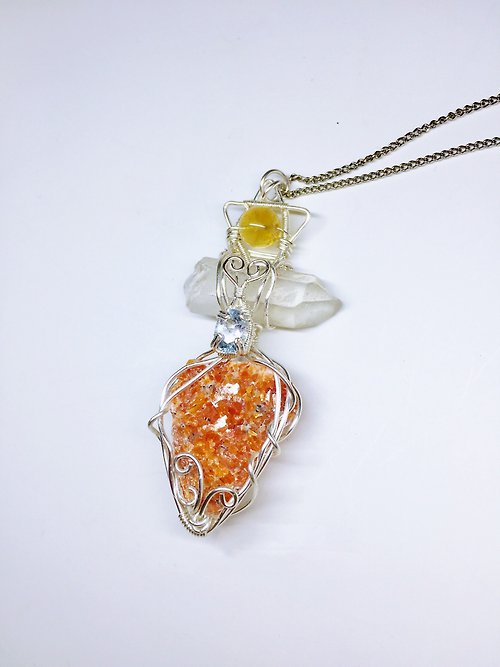 AnmiK handmade jewelry 大衞星多寶墜飾 橙太陽石原礦白水晶 鑽切海藍寶 黃水晶 金屬線編