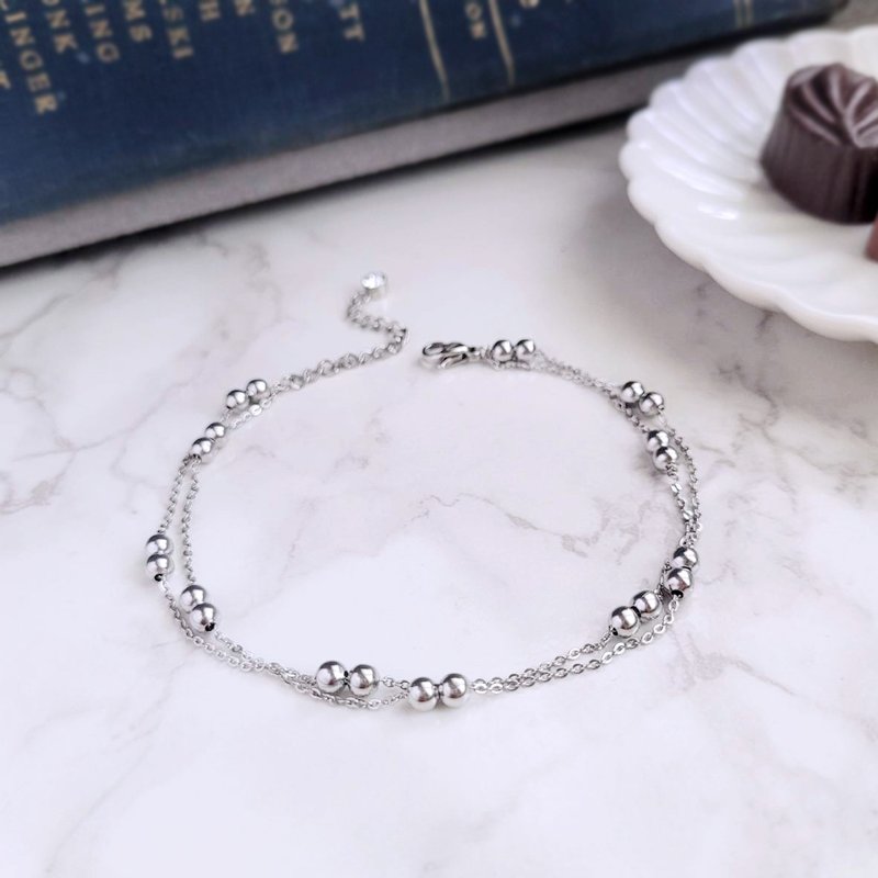 White Bubble II. Double ball white steel anklet is not afraid of water not changing black and hypoallergenic - Anklets & Ankle Bracelets - Stainless Steel Silver