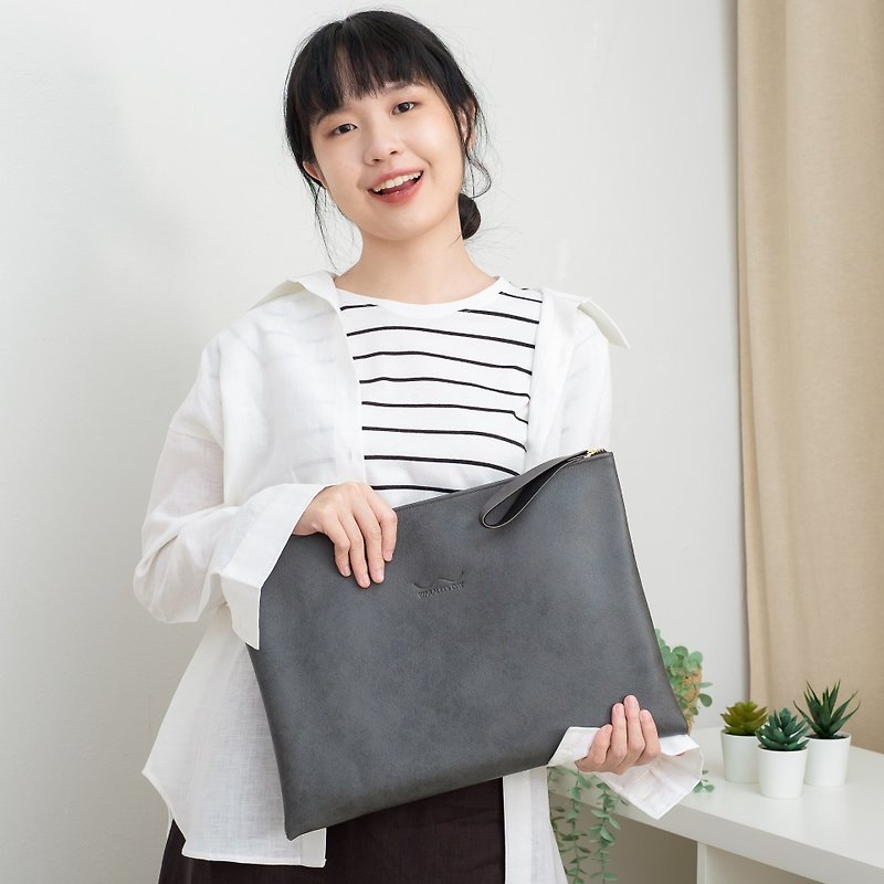 Artificial Leather Clutch Bag (Thunderstorm) - Laptop Bags - Faux Leather Gray