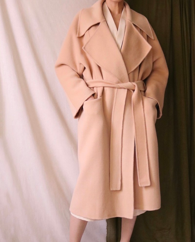 Creme Coat-Creamy rice double-sided hand-stitched cashmere wool oversized coat limited edition - เสื้อแจ็คเก็ต - ขนแกะ 