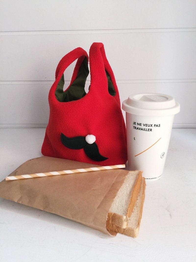 Hairmo beard green breakfast bag / shopping bag (wool) - Handbags & Totes - Cotton & Hemp Red