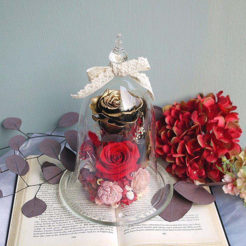 魔法不凋黑金玫瑰 玻璃鐘罩豪華版 母親節/情人節 - 乾花/永生花 - 植物．花 金色
