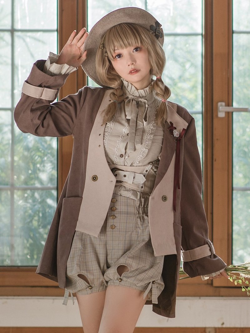 蒸汽朋克 奶棕 拼接撞色 修身型 休閒西服 復古 外套 短大衣 - 女大衣/外套 - 聚酯纖維 咖啡色