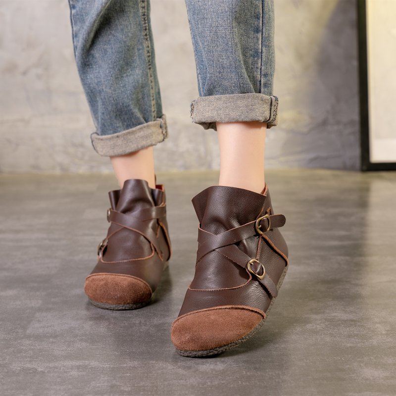 New Original Design Handmade Women'S Leather Flat Ankle Boots Stitching - Women's Booties - Genuine Leather Brown