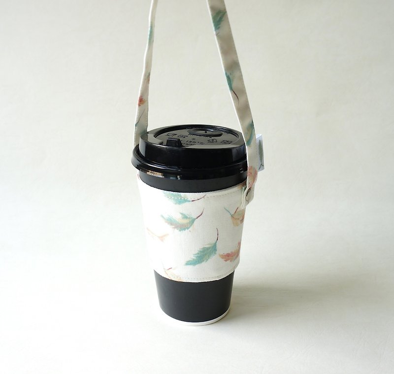 / Feather // green cup bag / drink bag / cup sleeve - ถุงใส่กระติกนำ้ - ผ้าฝ้าย/ผ้าลินิน ขาว