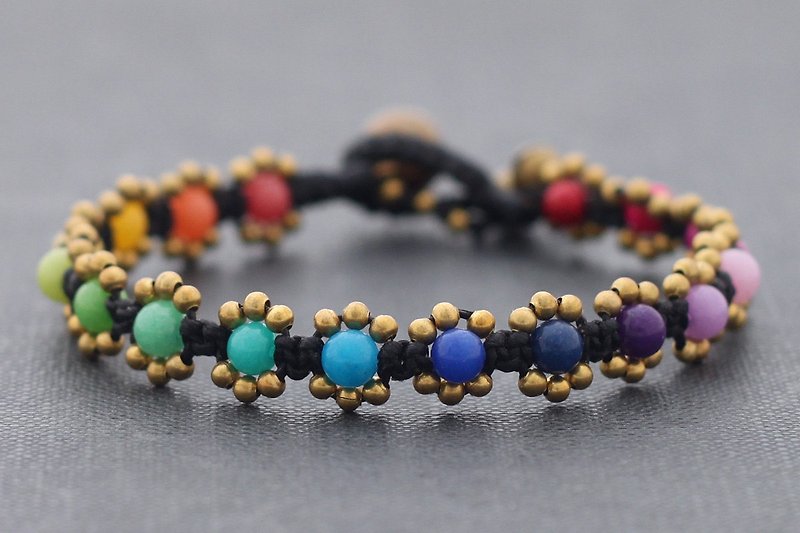 Rainbow Colorful Stone Beaded Bracelets, Woven Cotton Cord Flower Daisy Macrame Bracelets - Bracelets - Stone Multicolor