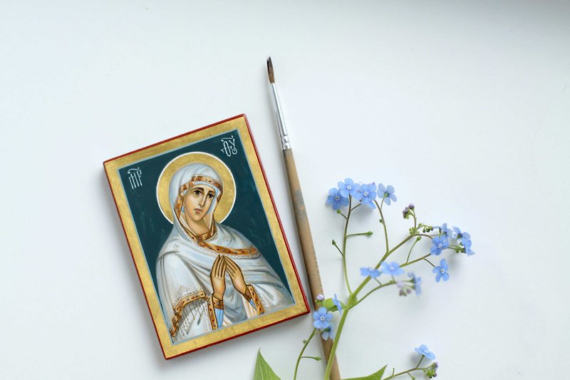 hand painted orthodox christian Virgin Mary icon, miniature religious painting - Other - Eco-Friendly Materials White