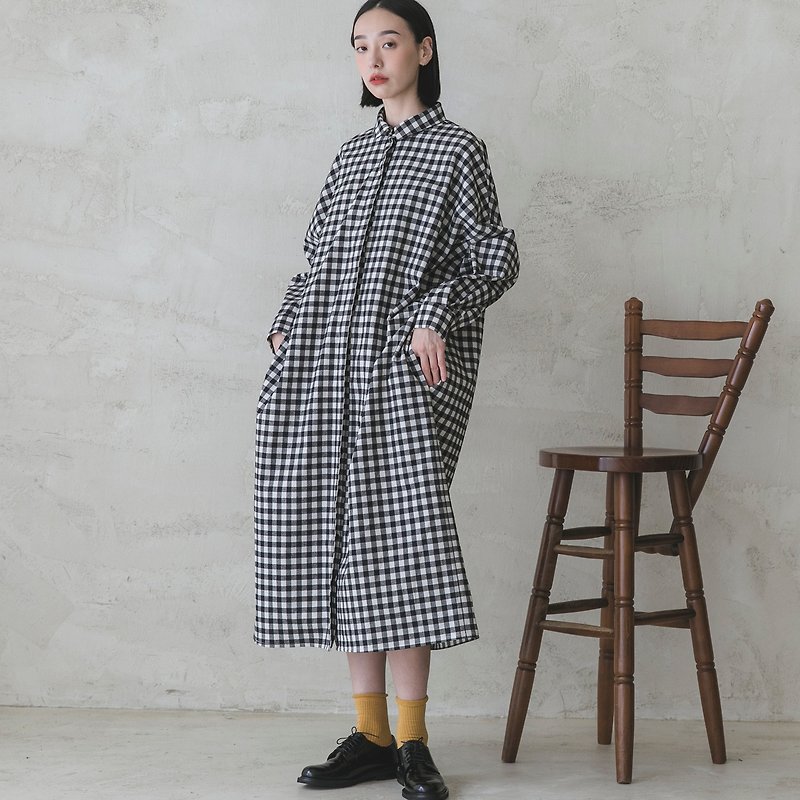 [Classic original] Sequence_Sequence shirt dress_CLD503_Black and white plaid - One Piece Dresses - Cotton & Hemp Multicolor