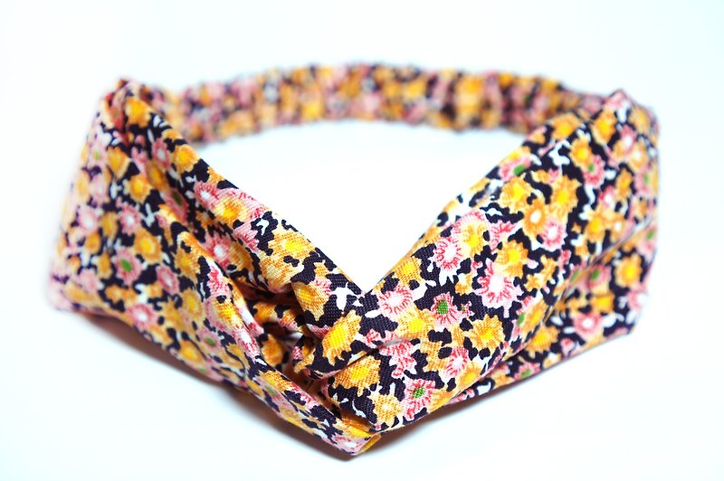 Yellow pink flowers / handmade elastic hair band - เครื่องประดับผม - ผ้าฝ้าย/ผ้าลินิน สีเหลือง