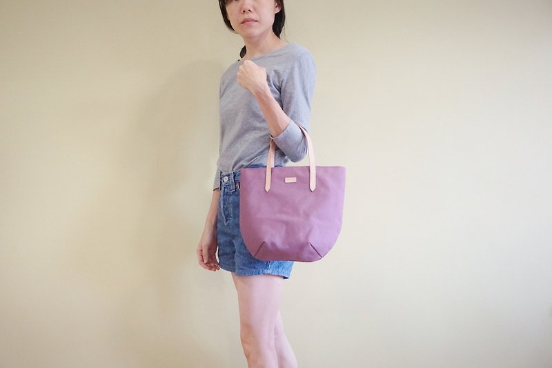 Purple Lilac Petite Canvas Tote Bag with Leather Strap for her - Chic Casual Bag - 手袋/手提袋 - 棉．麻 紫色