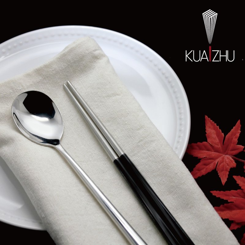 不鏽鋼四角嵌合筷匙餐具組 沉穩黑(附加餐具袋) - 筷子/筷架 - 不鏽鋼 黑色