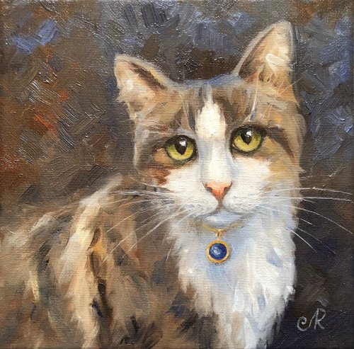 ［匿名で配送］一点もの 猫 油絵 油彩 絵 インテリア 一点物】『 マフラーを巻いた猫 』油絵 油彩 油画 インテリア
