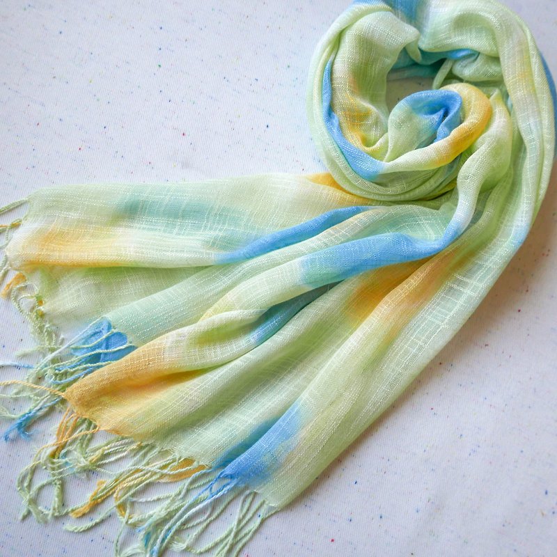 Warm Dot Tie dye scarf shawl cotton - ผ้าพันคอถัก - ผ้าฝ้าย/ผ้าลินิน สีเขียว
