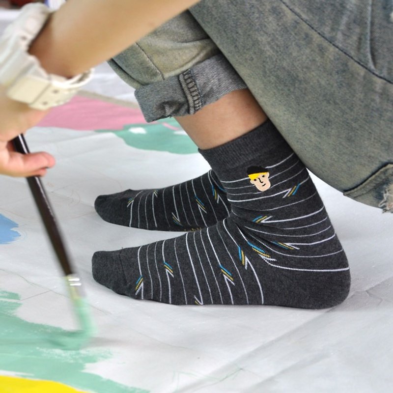 小さな画家 /グレー/ 刺繍 靴下 - ソックス - コットン・麻 グレー