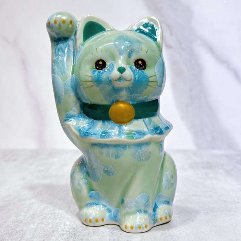 Japanese Kiyomizu-yaki Lucky Cat | Flower Crystals, Green - Items for Display - Porcelain Green