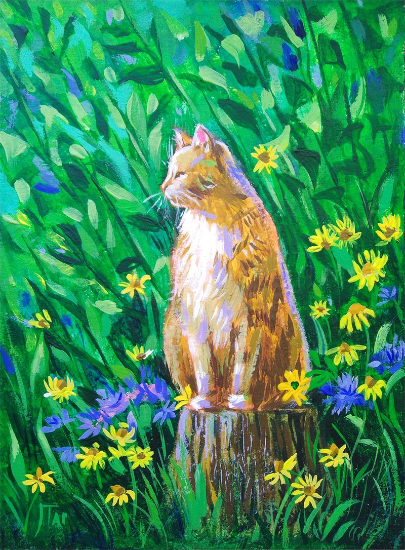 Original Painting Country Red Cat on a stump Aesthetic Field Flowers Wall Decor - Wall Décor - Other Materials Green