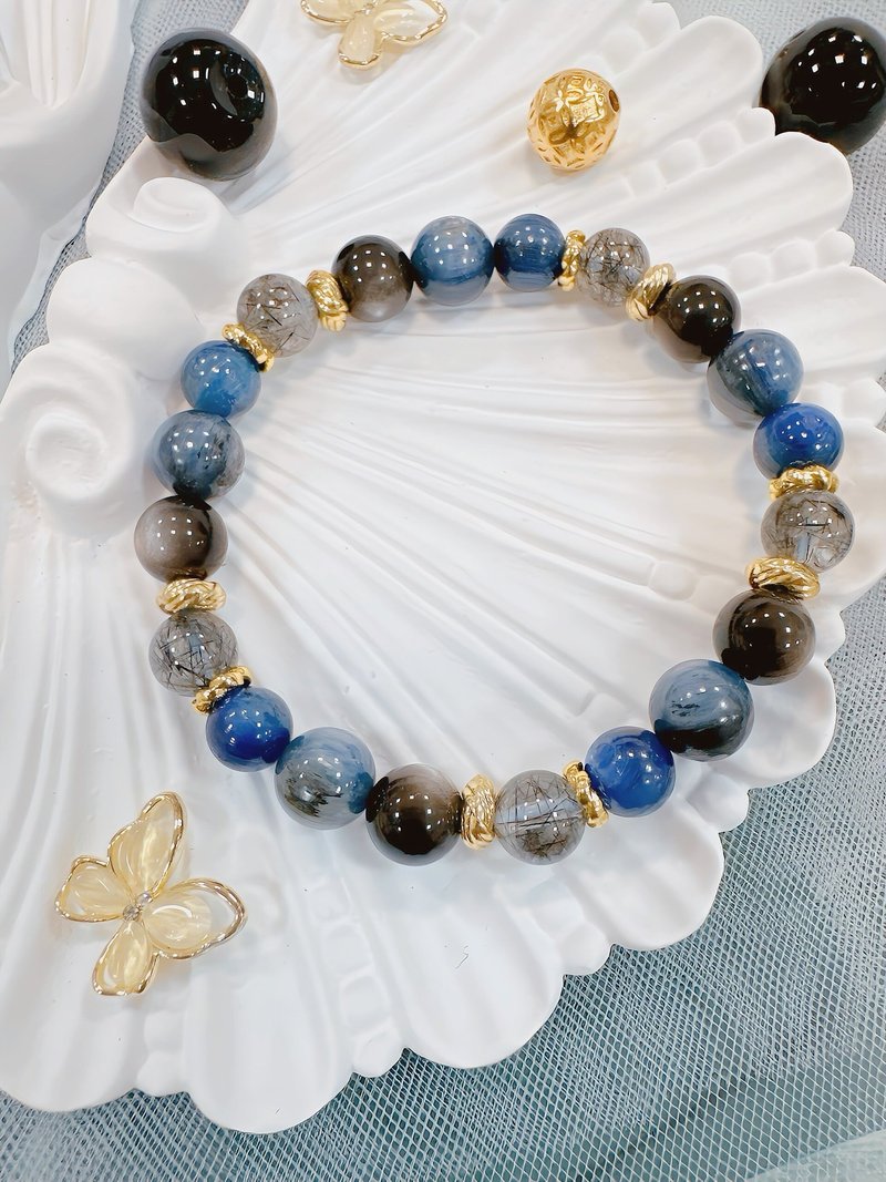 Kyanite black Stone Silver obsidian 18k gold design crystal bracelet - Bracelets - Gemstone Black