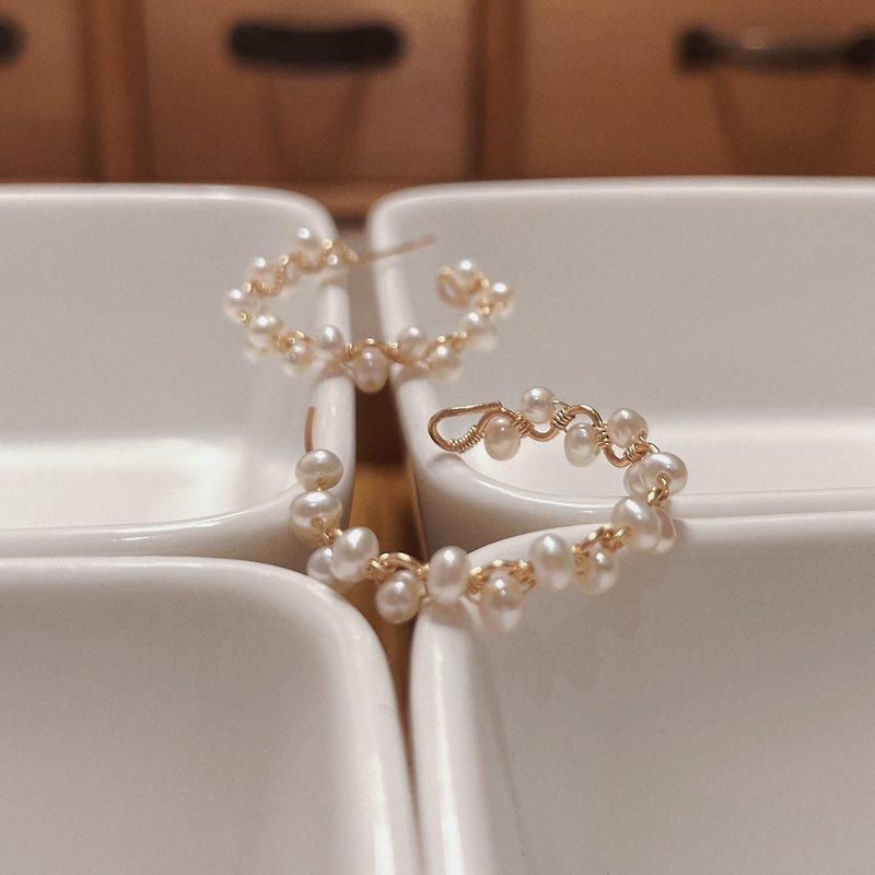 Wave Pearl Earrings | Wire Wound Earrings | 14KGF Gold Pack - Earrings & Clip-ons - Pearl White