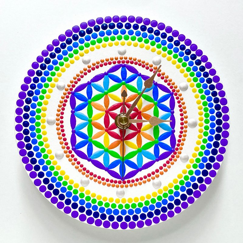 Wall clock rainbow Flower of Life Dot Mandala - โปสเตอร์ - ไม้ หลากหลายสี