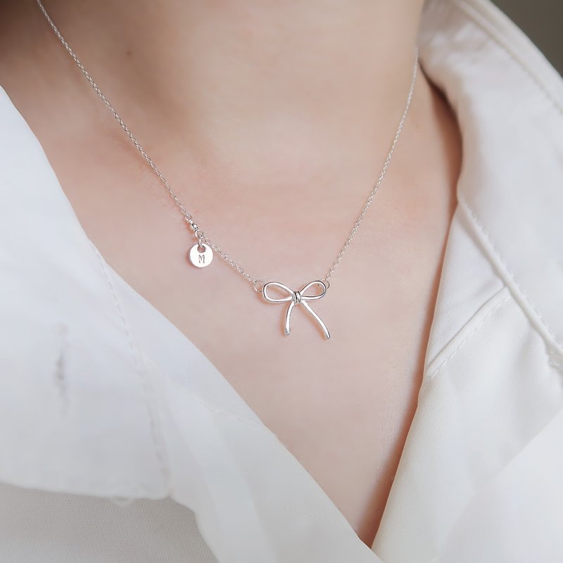 925 sterling silver bow customized engraving necklace clavicle chain short chain long chain free gift packaging - สร้อยคอ - เงินแท้ ขาว