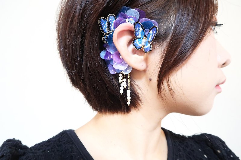 Miss Paranoid paranoia butterfly and flower elf pearl pendant ear hanging blue purple unilateral - Earrings & Clip-ons - Other Materials Blue