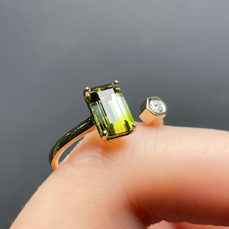 The Satellite - 天然奇異果綠漸變雙色碧璽(1.42ct) 18k黃金鑽戒 - 戒指 - 貴金屬 金色