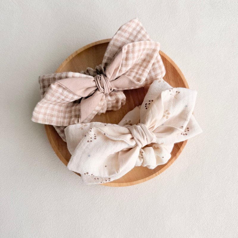 Tanpopo 手作寶寶小物 | 香草奶茶格紋系列蝴蝶結髮帶 - 嬰兒帽子/髮帶 - 棉．麻 卡其色