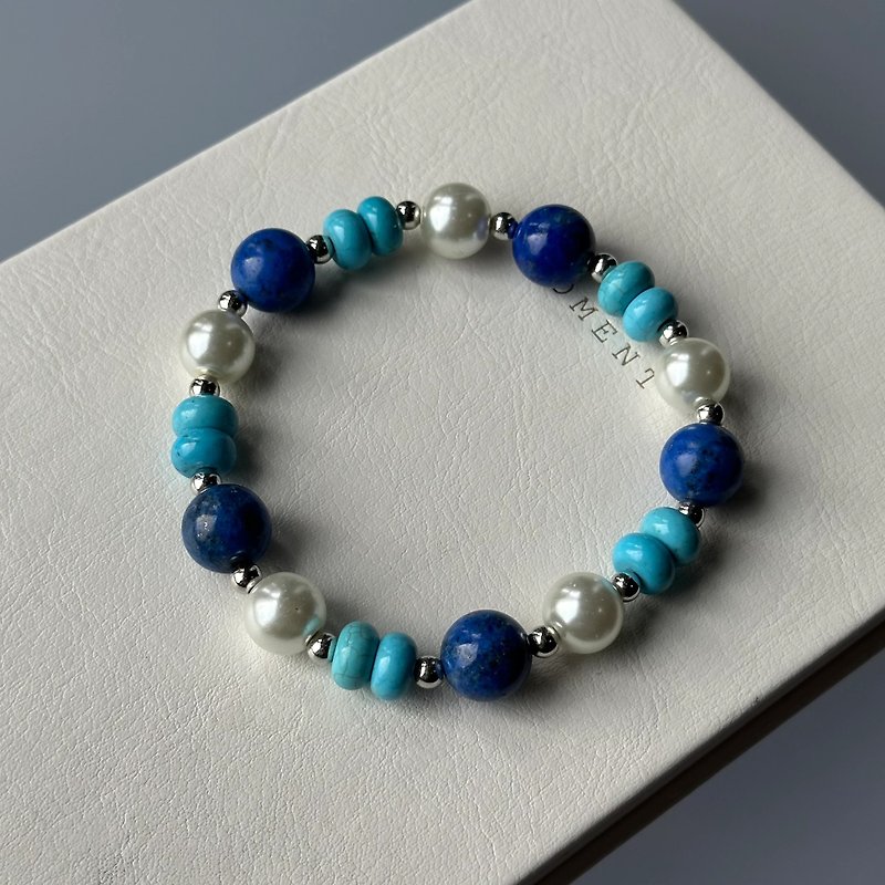 [Flowing Clouds] Lapis Lazuli Turquoise Freshwater Pearl Simple Silver Alloy Bracelet - สร้อยข้อมือ - เครื่องประดับพลอย หลากหลายสี