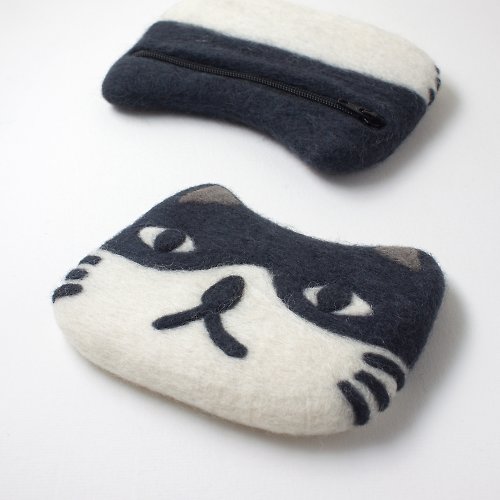 眼鏡貓先生 MikanSan 羊毛氈零錢包 - 黑眼罩 全手工 原創設計