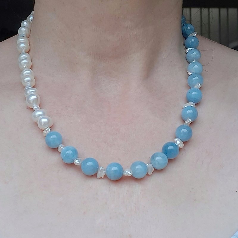 Aquamarine and Freshwater Pearl Necklace - Necklaces - Pearl White