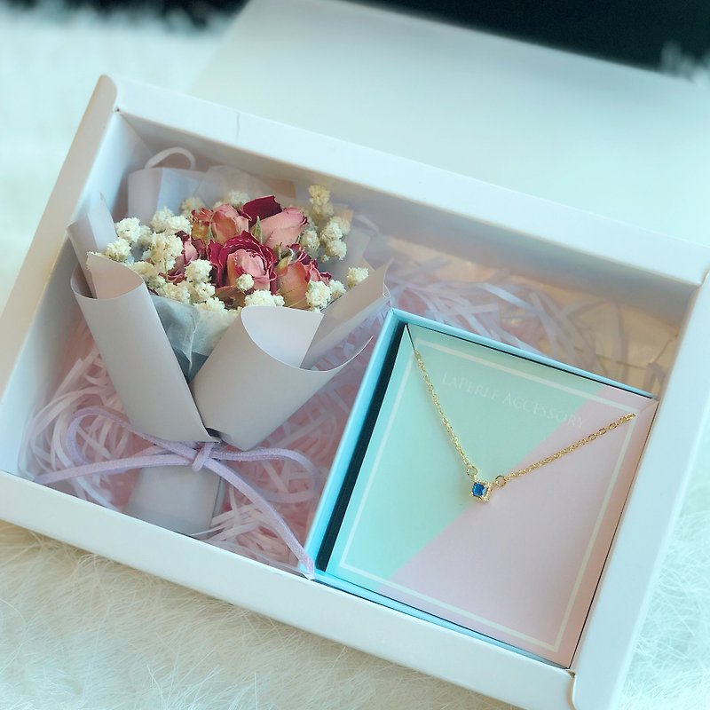 閨蜜禮盒 藍晶石 極簡 頸鏈  項鍊   乾燥花束禮盒  生日 情人節 - 頸圈項鍊 - 其他金屬 藍色