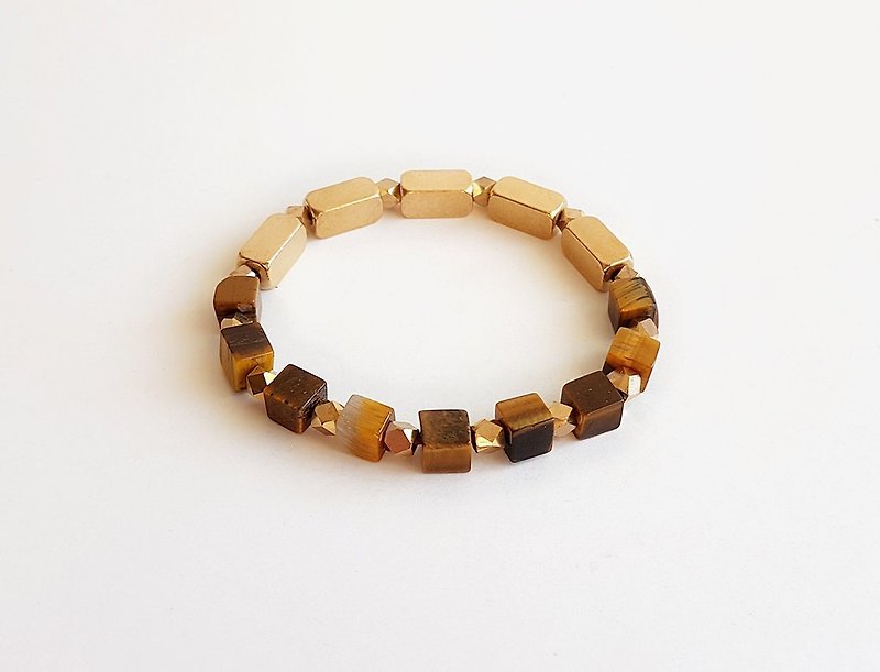 [Gemstones] square square square cut natural ore yellow tiger eye stone brass bracelet - Bracelets - Gemstone Gold