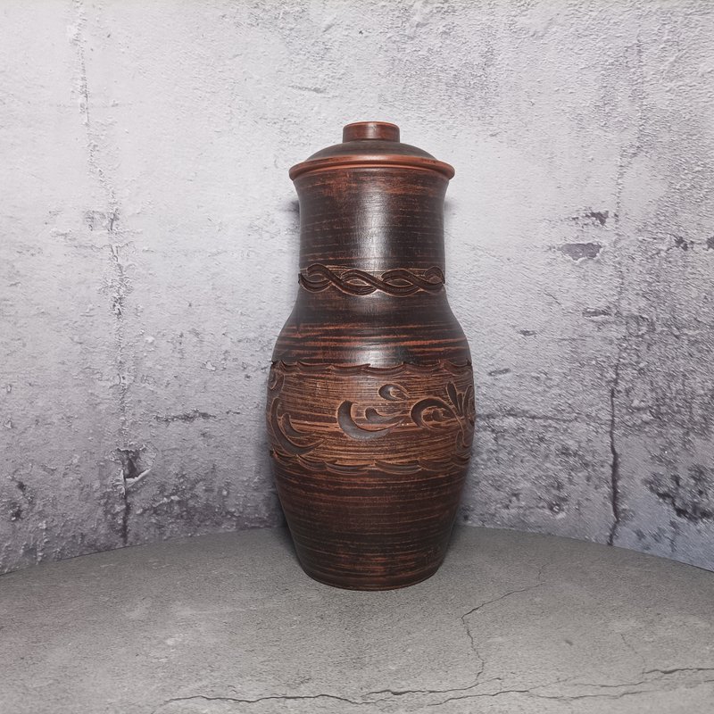 陶器大壺3000毫升手工紅粘土葡萄酒容器棕色壺帶蓋 - 水瓶/水壺 - 黏土 
