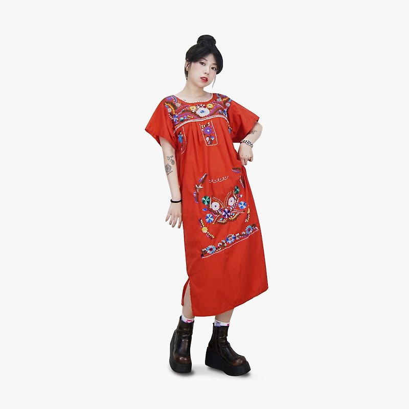 A‧PRANK：DOLLY ::メキシコ手刺繍のドレス（赤部分）とVINTAGEレトロ - ワンピース - コットン・麻 