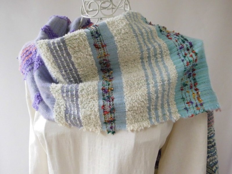手織り(山葡萄が実る秋の一日)コットン・カシミヤ・ロングストール - スカーフ - その他の素材 ブルー