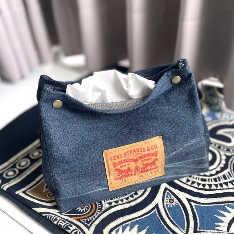 Zero-waste denim tissue cover - กล่องทิชชู่ - ผ้าฝ้าย/ผ้าลินิน 