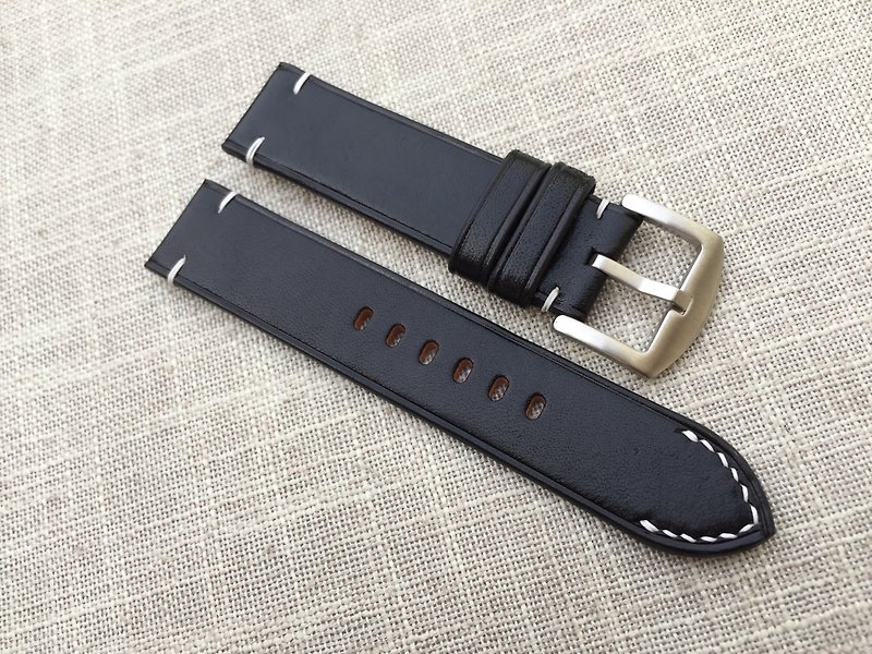 Bright black vegetable tanned stitching strap / handmade strap / leather strap / custom strap - สายนาฬิกา - หนังแท้ สีดำ