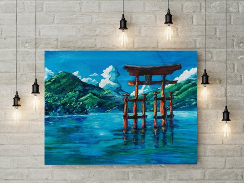 風景アクリル画 - 海景、吊り下げ絵画、山、湖 - ショップ