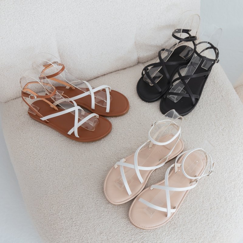 【I called Love】Island hopping trip | Cross buckle Roman sandals and slippers - Sandals - Faux Leather Black