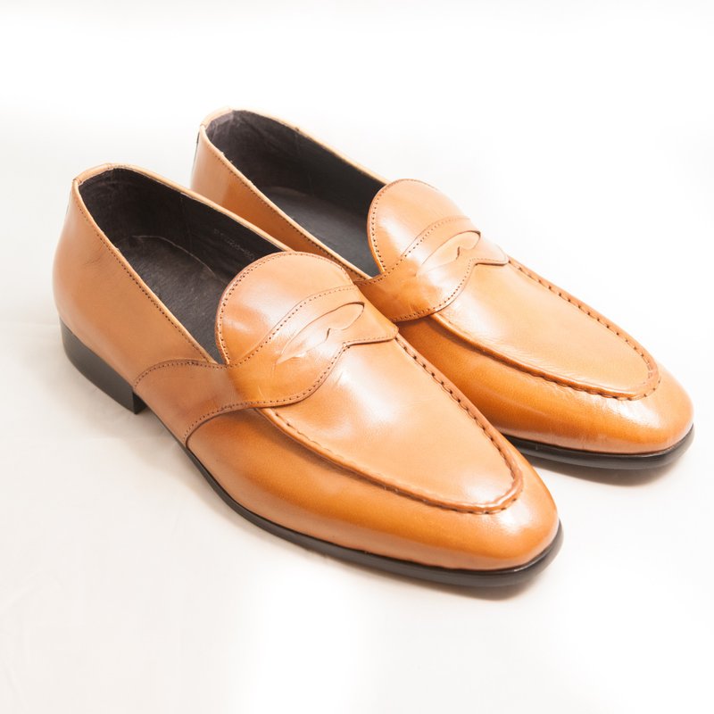 Hand-painted calfskin leather wooden heel saddle penny loafers leather shoes men's shoes-caramel - รองเท้าอ็อกฟอร์ดผู้ชาย - หนังแท้ สีนำ้ตาล