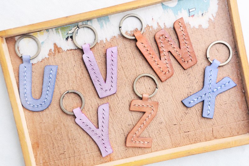 [Initial U｜V｜W｜X｜Y｜Z English letter keychain—white wax leather set｜WW] Well-sewn leather material bag, hand-wrapped Wax leather keychain key ring, simple and practical Italian leather vegetable tanned leather leather DIY - Leather Goods - Genuine Leather Blue
