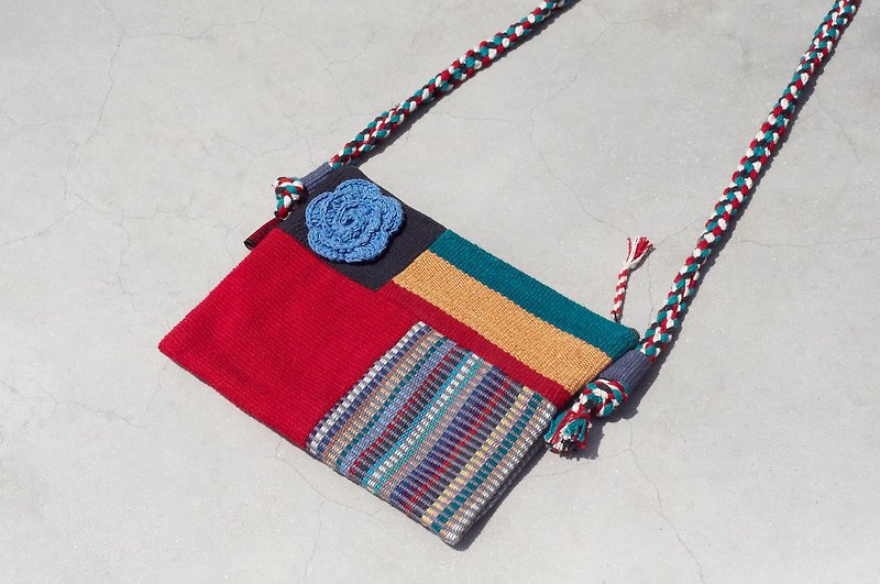 Limited one piece of natural hand-woven fabric stitching cross-body bag / backpack / shoulder bag / small bag / travel bag-Mondrian bright color patchwork design - Messenger Bags & Sling Bags - Cotton & Hemp Multicolor