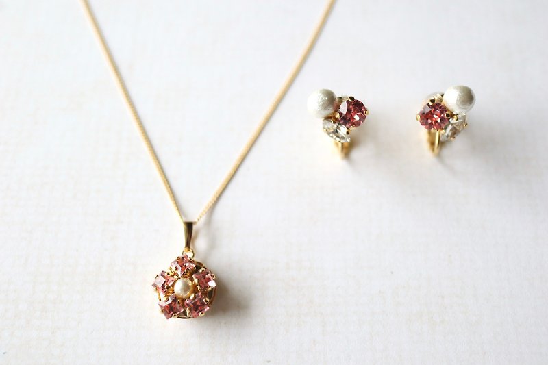 桜のビジュー　アクセサリー2点セット - 耳環/耳夾 - 水晶 粉紅色