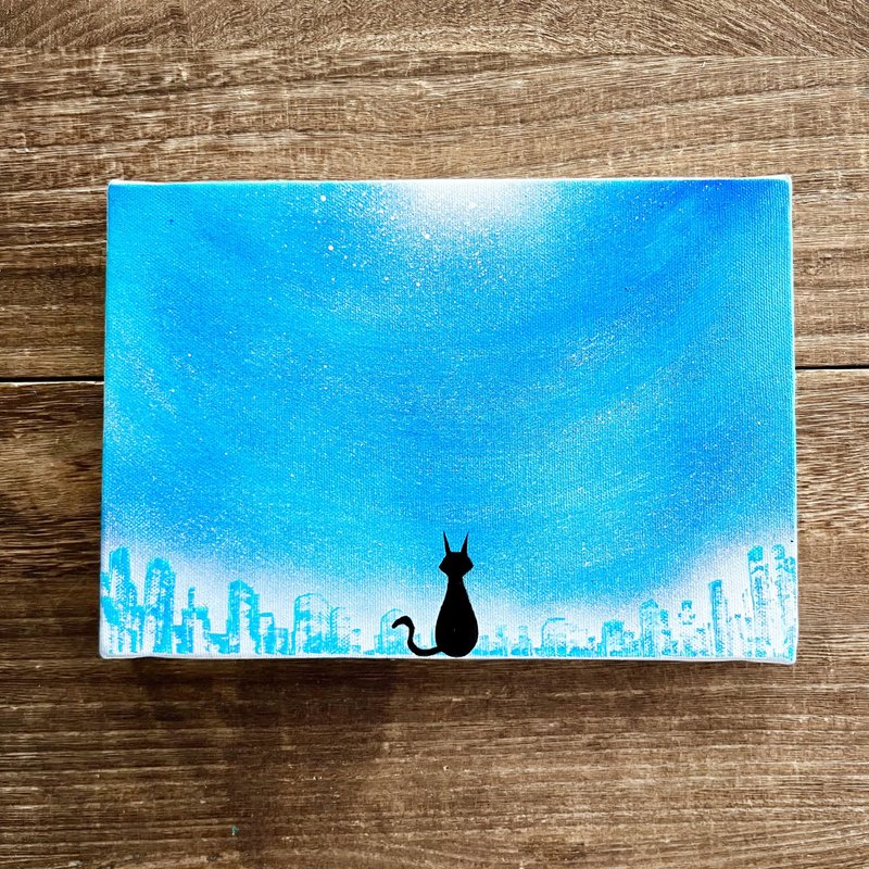 猫のいる街 原画 黒猫×夜空 青 ターコイズ 絵画 キャンバス 風景画 スプレーアート インテリアパネル - 海報/掛畫/掛布 - 棉．麻 藍色