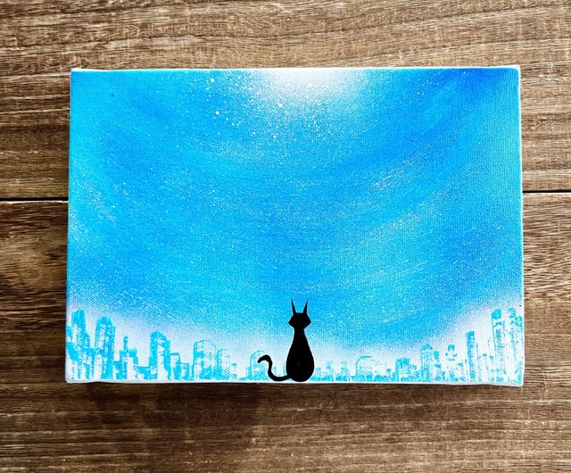 猫のいる街 原画 黒猫×夜空 青 ターコイズ 絵画 キャンバス 風景画