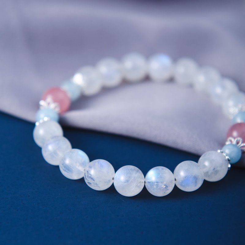 Moonstone, Rose quartz, Aquamarine 925 Sterling Silver Gemstone Crystal Bracelet - Bracelets - Crystal Blue