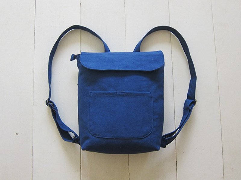 Canvas Backpack- Small (Zipper Closure / External Zipper & Patch Pocket  ) - Washed Blue + Turkey Blue - Backpacks - Cotton & Hemp Multicolor