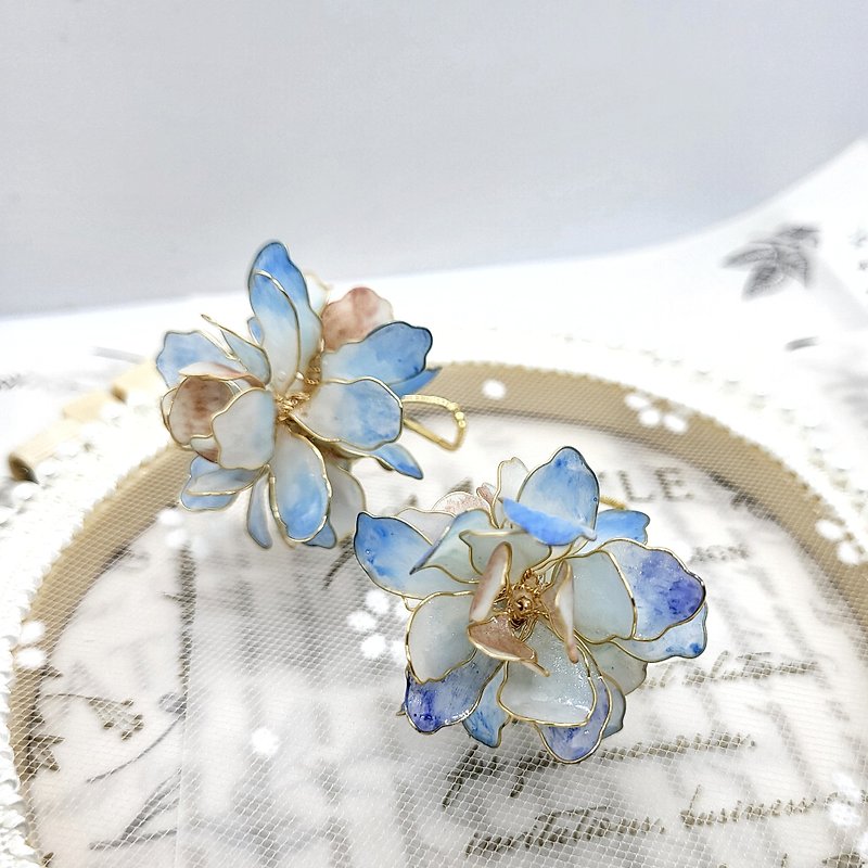[NiouJiou handmade jewelry] 360-degree beautiful flower ball crystal flower earrings sea color youthful - Earrings & Clip-ons - Resin Blue