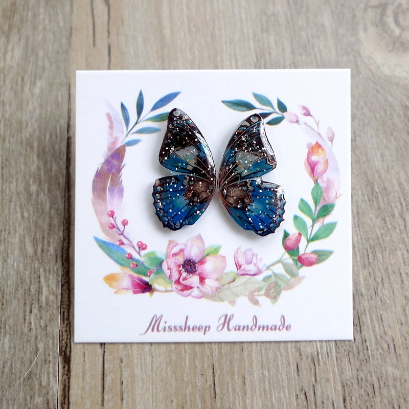 Misssheep- [BW13-pattern butterfly] hand-made earrings (ear needle / transparent ear clip) [a pair] - ต่างหู - พลาสติก สีน้ำเงิน