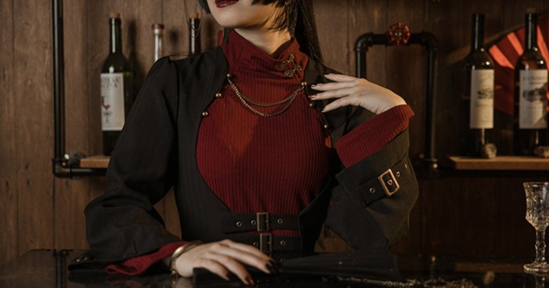 Steampunk Gothic Retro Threaded Turtleneck Trumpet Sleeve Dress - ชุดเดรส - วัสดุอื่นๆ สีแดง